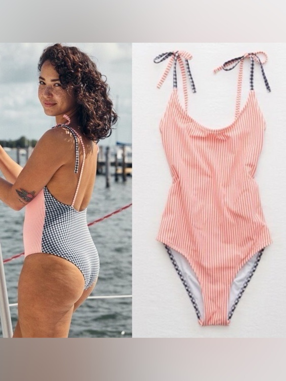 Aerie Seersucker Red & Blue Cheeky One Piece Swimsuit